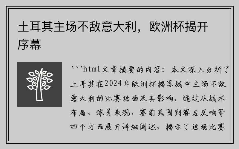 土耳其主场不敌意大利，欧洲杯揭开序幕